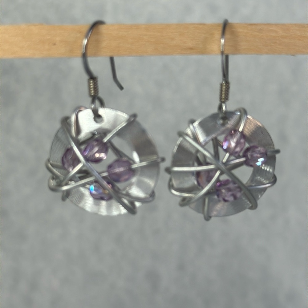 Wire wrap beaded earrings Aluminum Sterling Silver purple